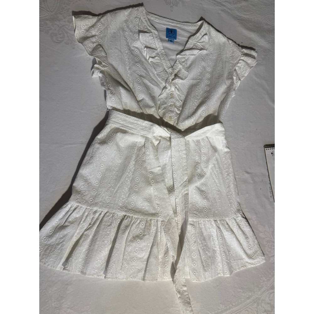 CeCe White Eyelet Cotton Mini Dress Ruffle V-Neck Belted Size M